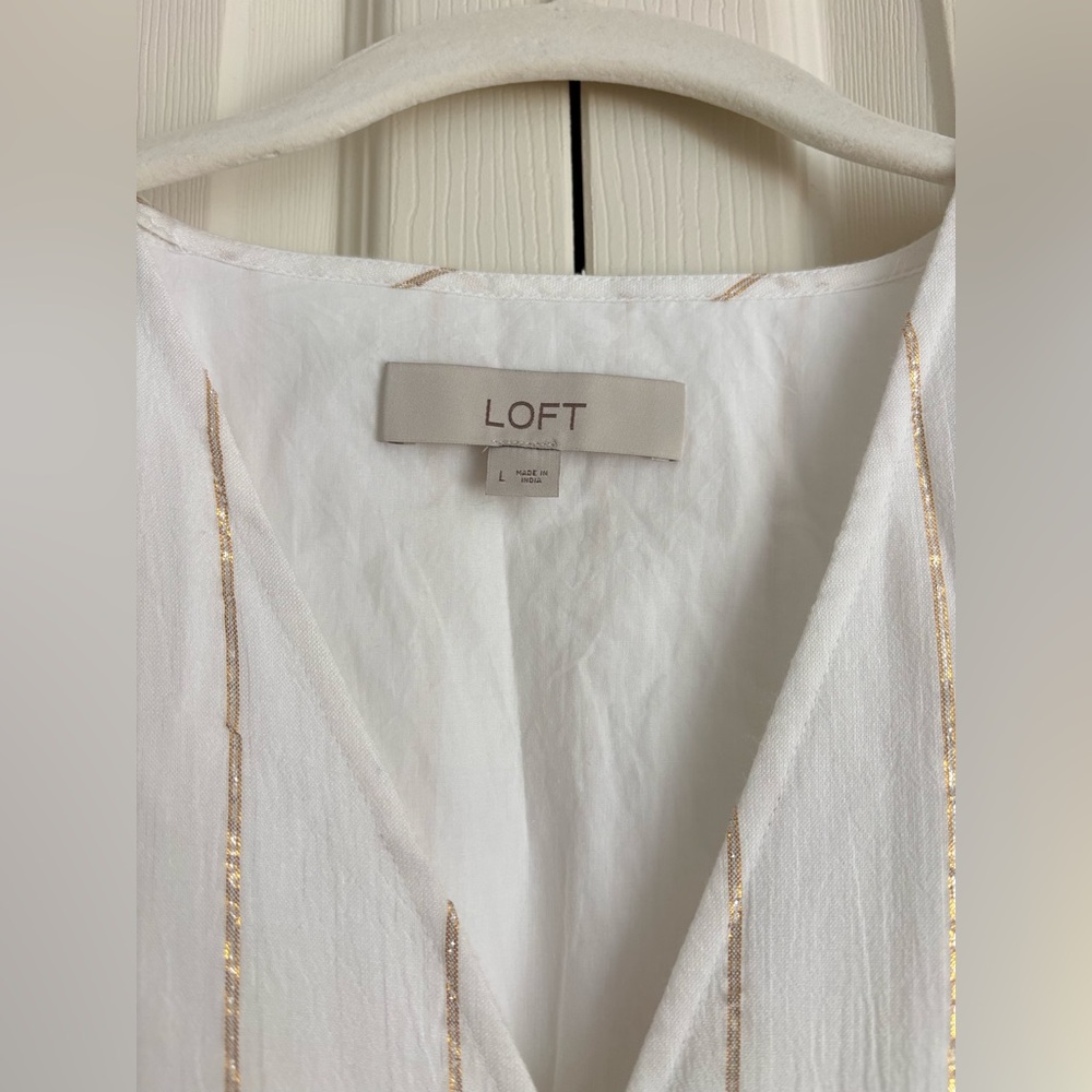 LOFT Cream Smocked Wrap Midi Dress Size Large - Picture 2 of 4